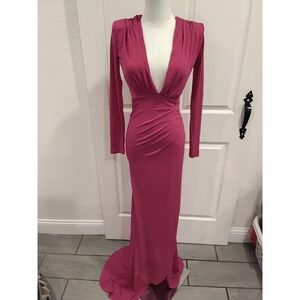 Nookie Farrah Gown Cerise Pink Deep V Neck‎ Ruched Long Sleeve Maxi Dress S